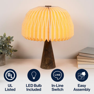Sylvie 16" Modern Minimalist Paper Pleated Shade Mushroom Accent LED Table Lamp